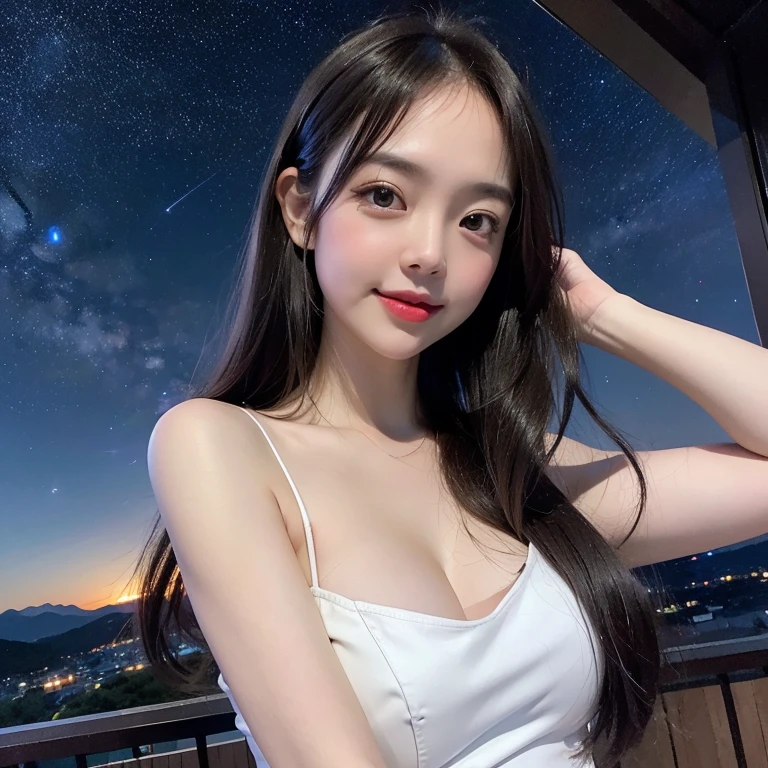 
highest quality, High resolution, (Realistic:1.2), 1 beautiful Japanese girl, Happy smile, High definition eyes, (Large eyes with thick, well-defined double eyelids:1.4), Droopy eyes, Dimples, Black Hair, Long hair blowing in the wind, Smooth straight hair, Slender body, Small breasts, Cleavage, Thighs, White sleeveless dress, Moonless night sky, (Starry Sky, midnight:1.4), Milky Way, Outdoor, plateau, mountains can be seen in the distance, planetarium, View angle from below, Cinematic lighting, 