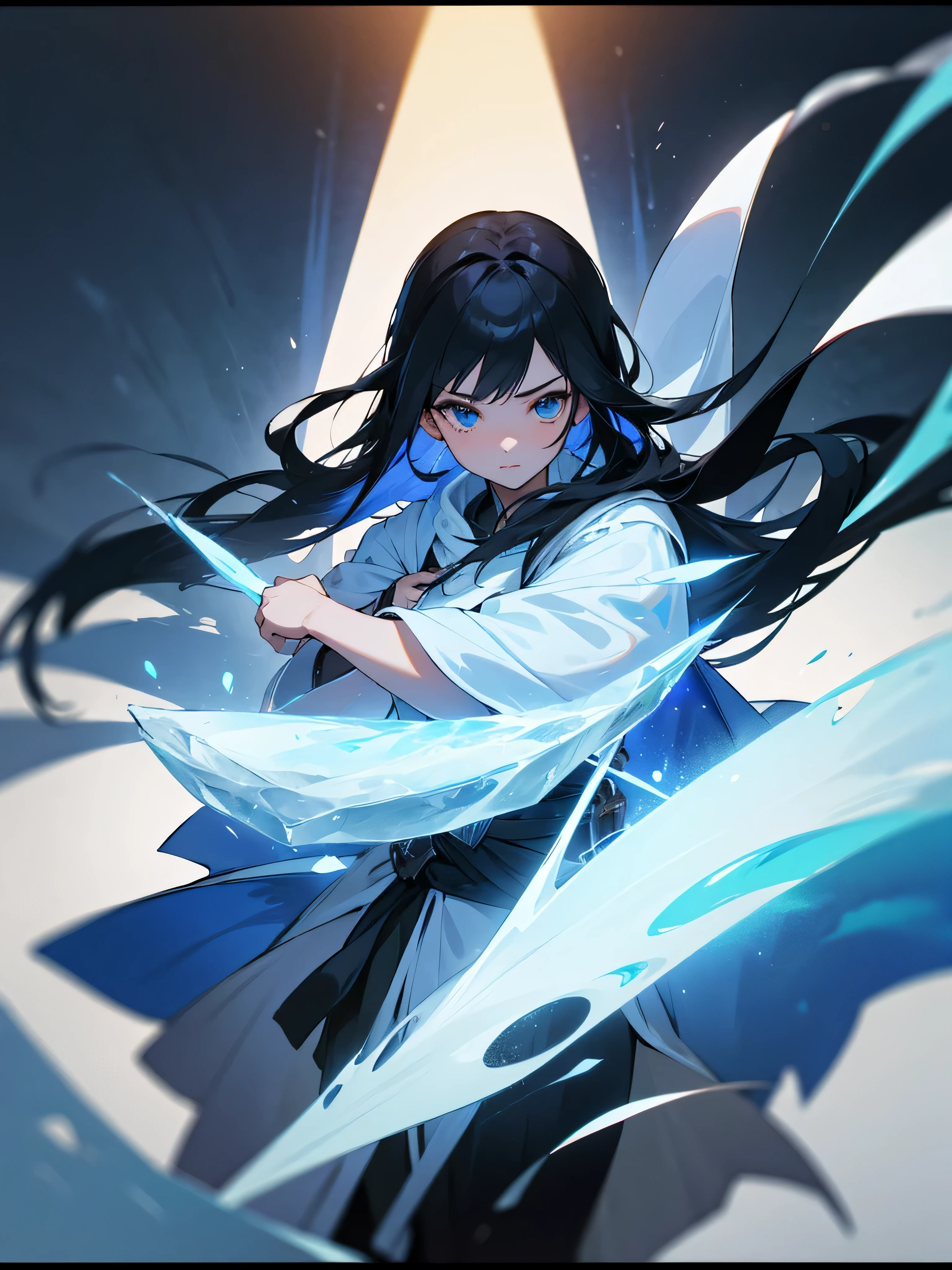 (masterpiece, best quality),cinematic composition, letterboxed, depth of field, solo focus, 1girl, long straight black hair, blue eyes, wearing ice mage robes, arctic, frost magic, absurdres, high res, ultrasharp, 8K, masterpiece, gloves, looking at viewer, blizzard