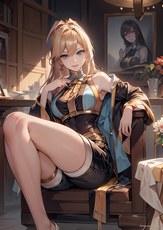 best quality, realism, real, photo: 1.4), Ji Xiaoman, Blond, blue eyes, big breasts, large breasts, thick legs, thights, sitting, sexy pose, real, photo"