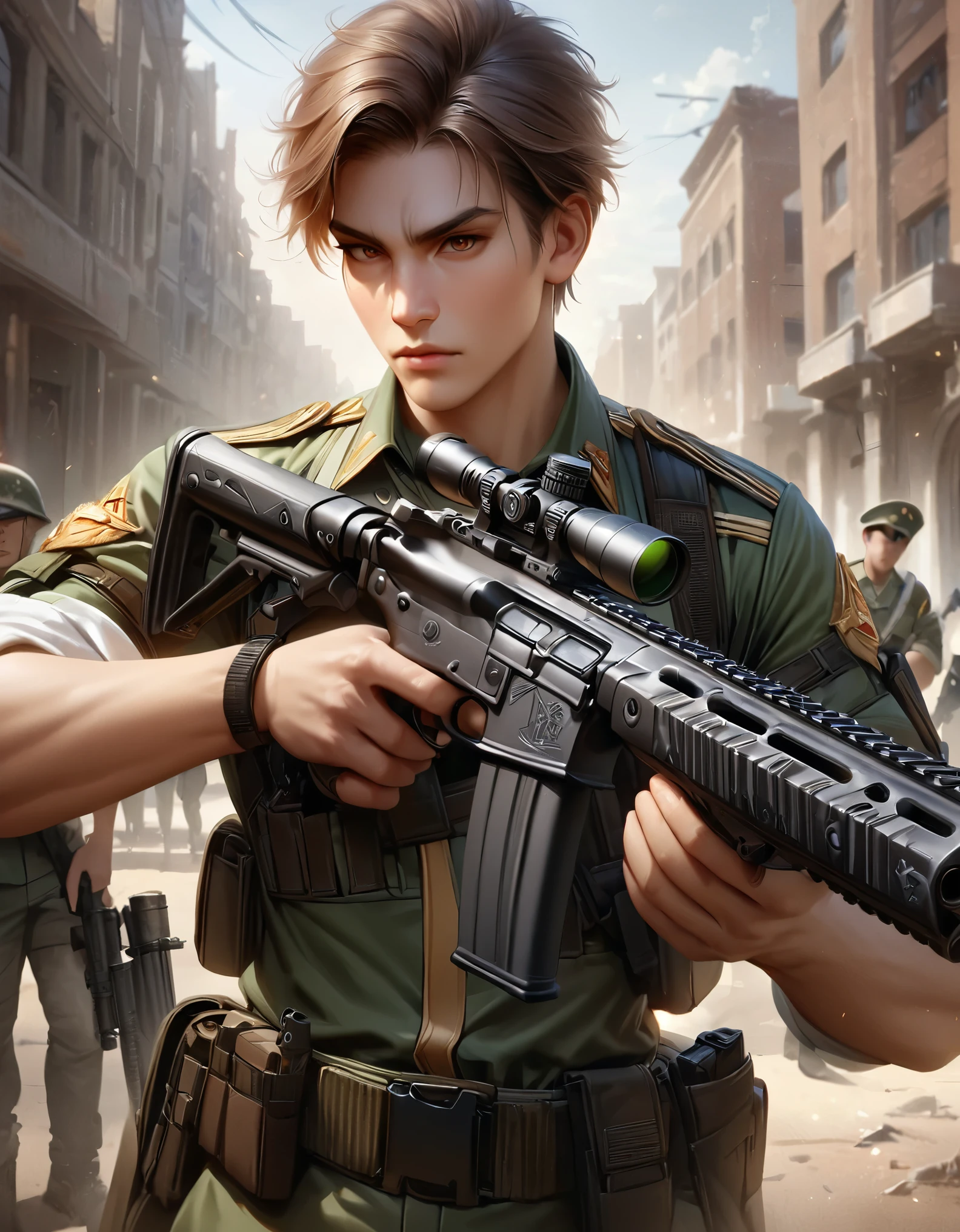 masterpiece, best quality, hyper-detailed, ultra-detailed, 1boy, college-age man, assault rifle, brown eyes, brown hair, gun, holding gun, holding weapon, holster, holstered weapon, male focus, military, military uniform, pistol holster, realistic, rifle, scope, sleeves rolled up, solo, solo focus, trigger discipline, uniform, light green uniform, weapon