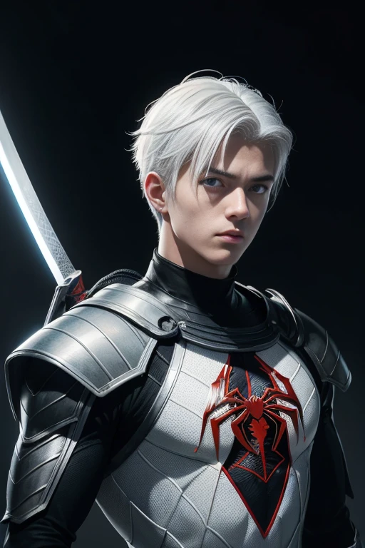 Portrait of a teenage boy with white hair, Gojo Satorou hairstyle, wearing black spiderman armor with red spider web lines, carrying a katana sword on his back, blue eyes, monograms in the background, digital painting, dark colors, 8k, complex details, vintage, retrofuturistic style, sharp focus on the center, pastel colors, art station, (sci-fi, future, future theme), (facial expression looking with disdain), (detailed illustration)