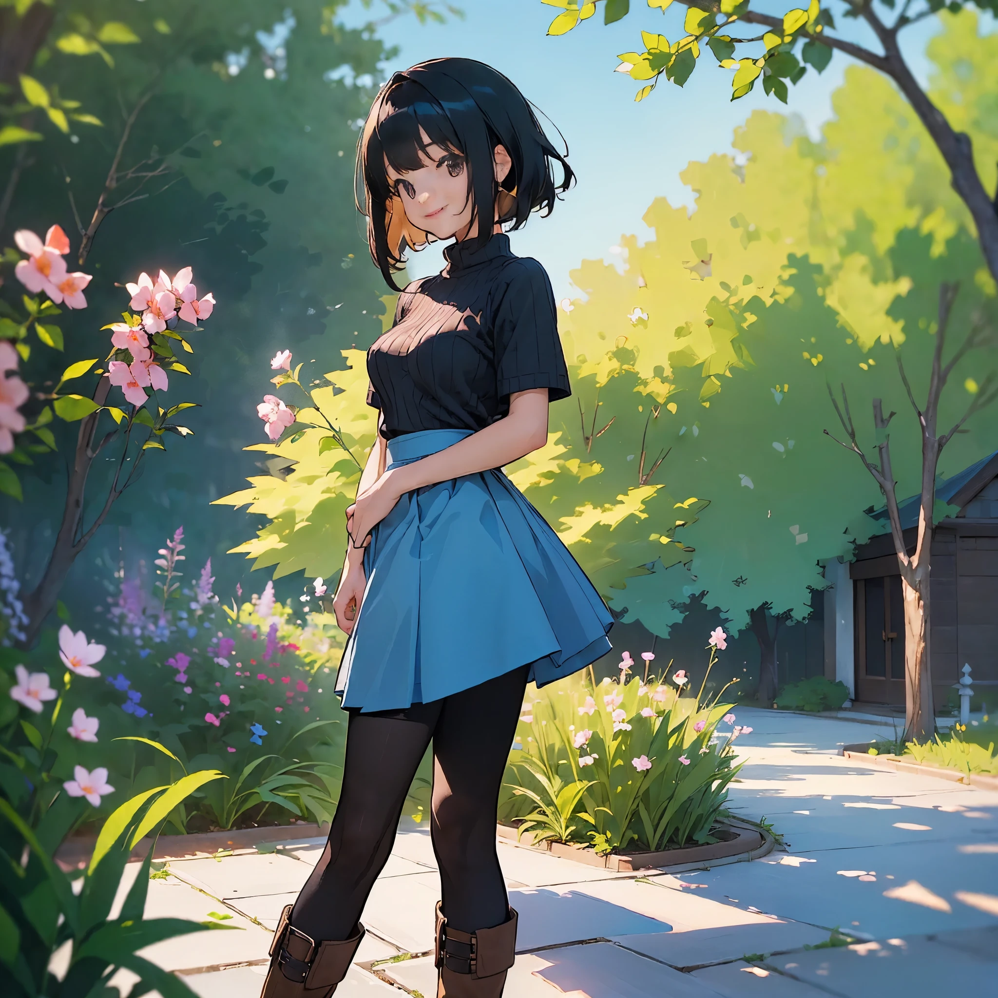(high quality, High resolution, Very detailed, reality:1.37), Peaceful atmosphere, (Outdoor, garden), girl standing alone, (my breasts are big.), Beautiful detail features, Cute Smile, (Black bob hair), Short sleeve ribbed sweater, Blue Skirt, black tights, Brown boots.