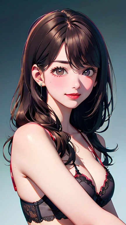A light blush and a smile, (Masterpiece of the highest quality:1.2) Delicate illustrations, super detailed, /Beautiful Japanese Women、1 person,Very cute and slim、Outstanding style 、((8K images、super high quality))、Very delicate face, Skin and Hair、Red lipstick、Long Hair、straggling hair,(((((Gradient Hair、brown hair))))),Very cute Japanese cut face、Eyes and nose are clearly visible、Kind eyes,(((sexy lingerie、Watching the audience)))、full body shot