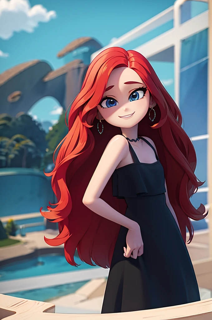 ruby 1 girl, Teenage, Long Red hair, Medium Hair, Blue eyes, bare shoulders, little black dress, short black dress, skin-tight dress, cleavage, standing up, Smile, room, indoor, window, sunset at the city, Sexy, masterpiece, High quality. 2D illustration, 2D flat, Masterpiece, close up, 8K, HDR, portrait,