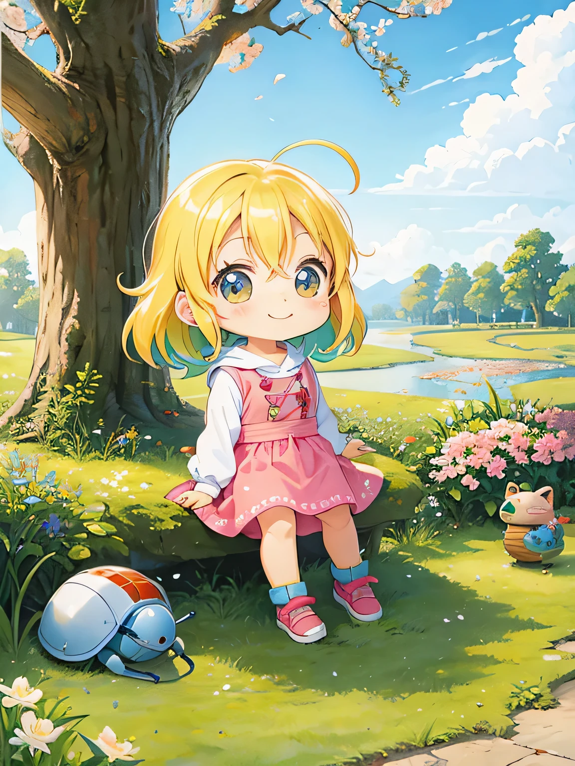 akira toriyama style, Kawaii Design, Chibi, beautiful spring afternoon、lovely colorful pillbug