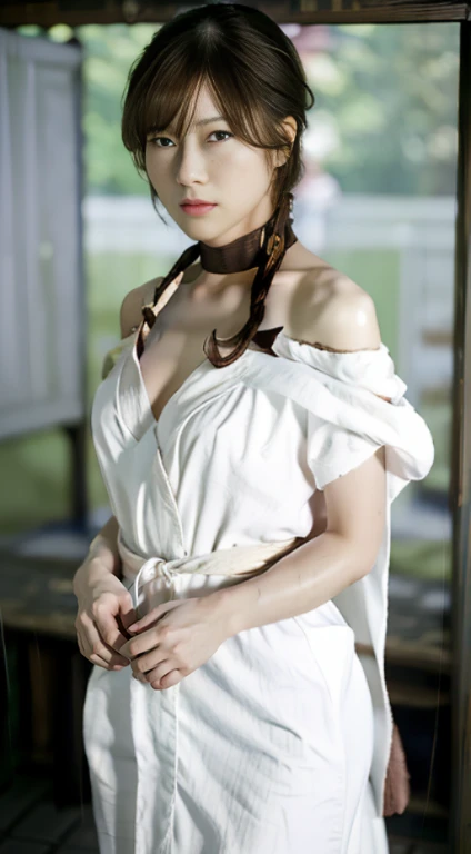 ((highest quality, 8k, masterpiece :1.3)), Sharp focus:1.2 , Big Breasts、Nipples、slave、round 1、 ((tie your hands behind your back'return)), The neck is chained,Realistic,(Cinema Lighting),Face Detail Textures. Eye details. double eyelid, Slender body. Big Breasts, No bra、Nipplesの突起、19-year-old girl, Realistic:1.37,Perfect Eyes, 1. A girl wearing a red yukata,1 Ninja Girl,Girl in shabby clothes,heavy rain、Clothes are wet and transparent、(White sash),(Very light fabric),((Tattered Linen)),With figure,Brunette colored hair,長く垂れDownがった髪,Prison of Terror,torture chamber,There are lots of torture devices,Looks like a whole body,the whole body gets wet,tie your hands behind your back,Clothing only covers the waist、close your eyes,Down,Tears flow,suffering,My clothes got torn、手のround 1、slave、both tie your hands behind your back、heavy rain、Wet, See-through clothing