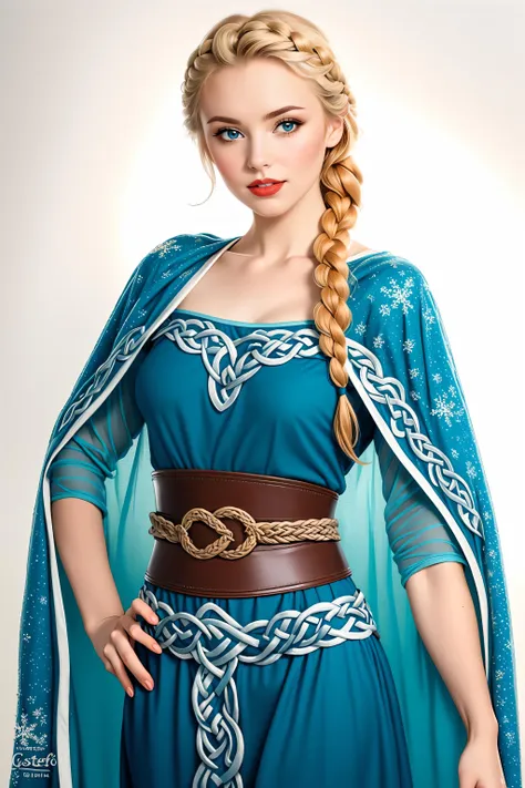 a woman in a blue dress and a blue cape with braids