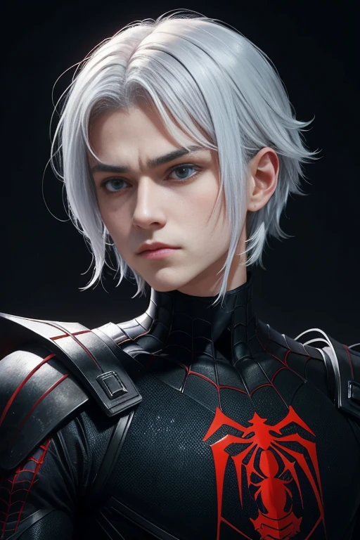 Portrait of a teenage boy with white hair, Gojo Satorou hairstyle, wearing black spiderman armor with red spider web lines, carrying a katana sword, blue eyes, monograms in the background, digital painting, dark colors, 8k, complex details, vintage, retrofuturistic style, sharp focus on the center, pastel colors, art station, (sci-fi, future, future theme), (facial expression looking with disdain), (detailed illustration)