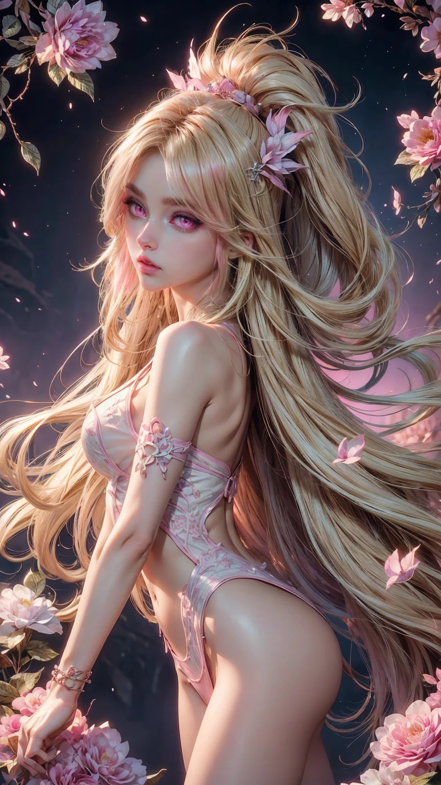 8K, Ultra High Definition, Super detailed, Shiny detailed hair, detailed face, fantasy landscape, solo, looking at viewer, {{best quality}}, {{masterpiece}}, {{ultra-detailed}}, {detailed light}, ultra high quality eyes, detailed eyes, perfect eyes, large eyes, detailed pink eyes, beautiful lips, ((blonde hair)), long hair, beautiful, skinny body, white skin, slutty, erotic, suggestive, ((pink flower hair ornament)), ((pay attention to the character's clothing)), {{nsfw}}
