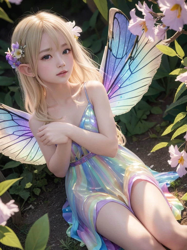 (A shining blonde fairy sitting on a flower (Elf)), Surrounded by colorful flowers, ((A girl with a pair of beautiful, transparent, shiny wings on her back.))、翼からShine鱗が飛ぶ, (A rainbow-colored dress that shines through the light), Wavelength dispersion, colored glaze, Multicolor prism effect, Rainbow Core, iris, Highly detailed background，Realistic，Ultra-detailed，Highly detailed skin，Shine，Film Grain，According to II，Lens flare，sharp，Shadows in the movie