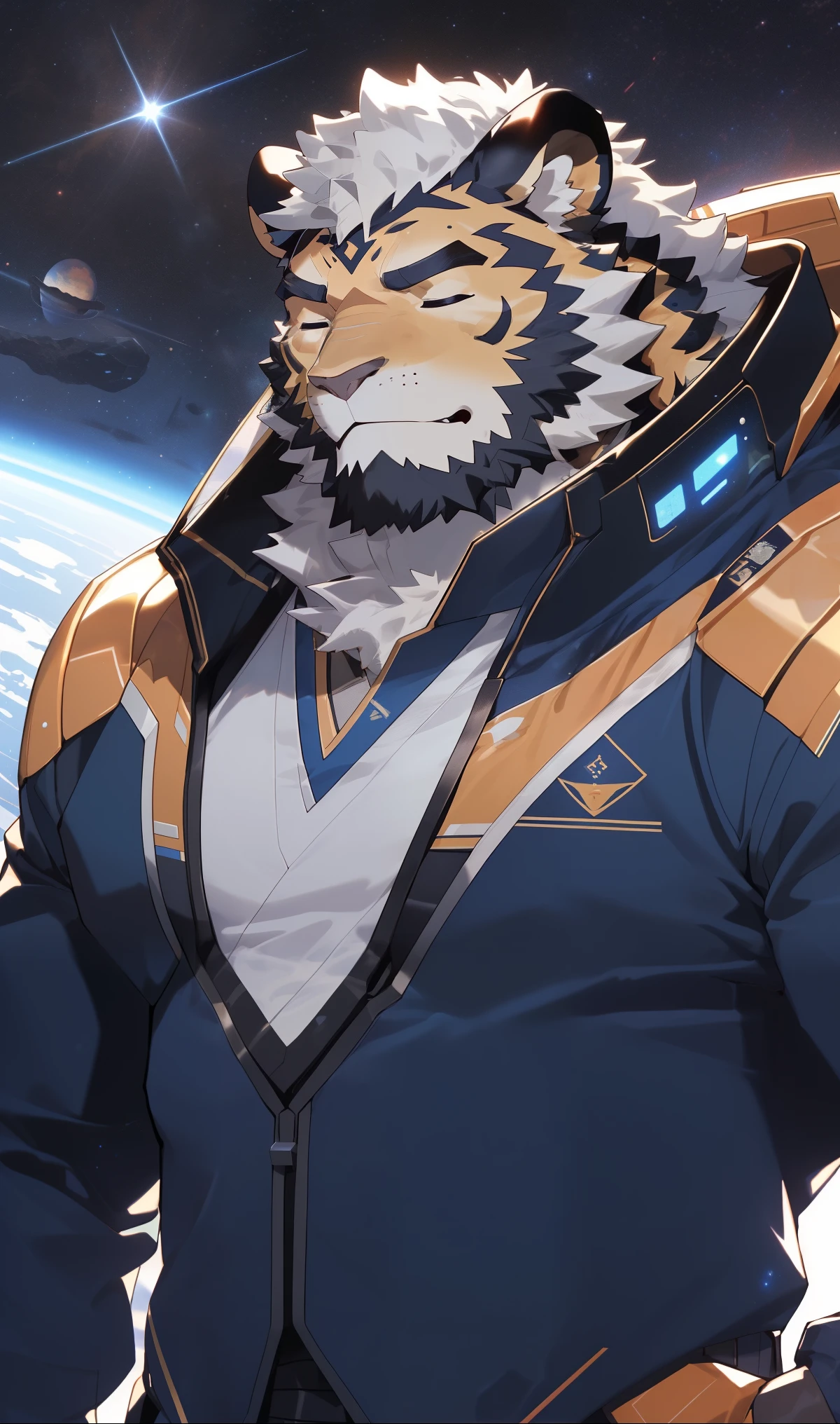hairy，（Power suit）beard，Golden fur，（Hand-held laser gun），Exoskeleton armor，With eyes closed，male，Space，Common，full-body shot，A solemn expression，Real alien planet background，极其lifelike阴影，masterpiece，Very detailed，lifelike。