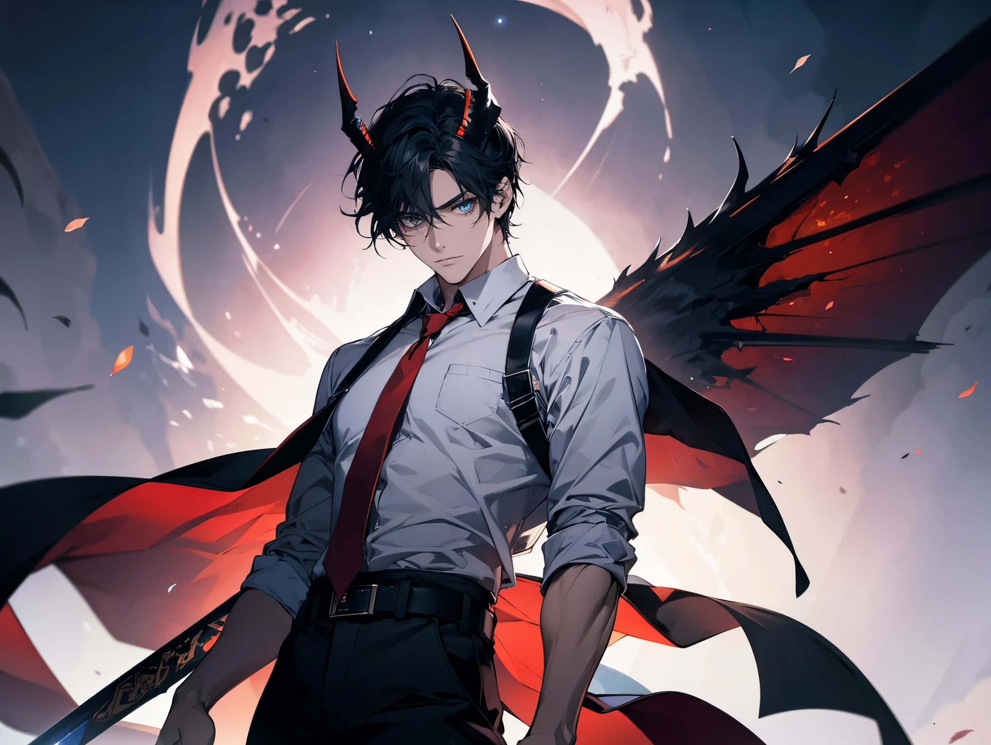 1 male,, 26 year old, masculine, short black hair, Attractive, red tie, White shirt, Rolled up sleeves, Black belt, Black pants, Beautiful blue eyes、beautiful hair、no expression, holding a sky blue sword, black hilt, Trending on ArtStation, 8K resolution, Highly detailed, Anatomically correct, Sharp Image, Digital Painting, Concept art, of the highest quality、galaxy hell background, flying pages forming demon wings, demon horns.