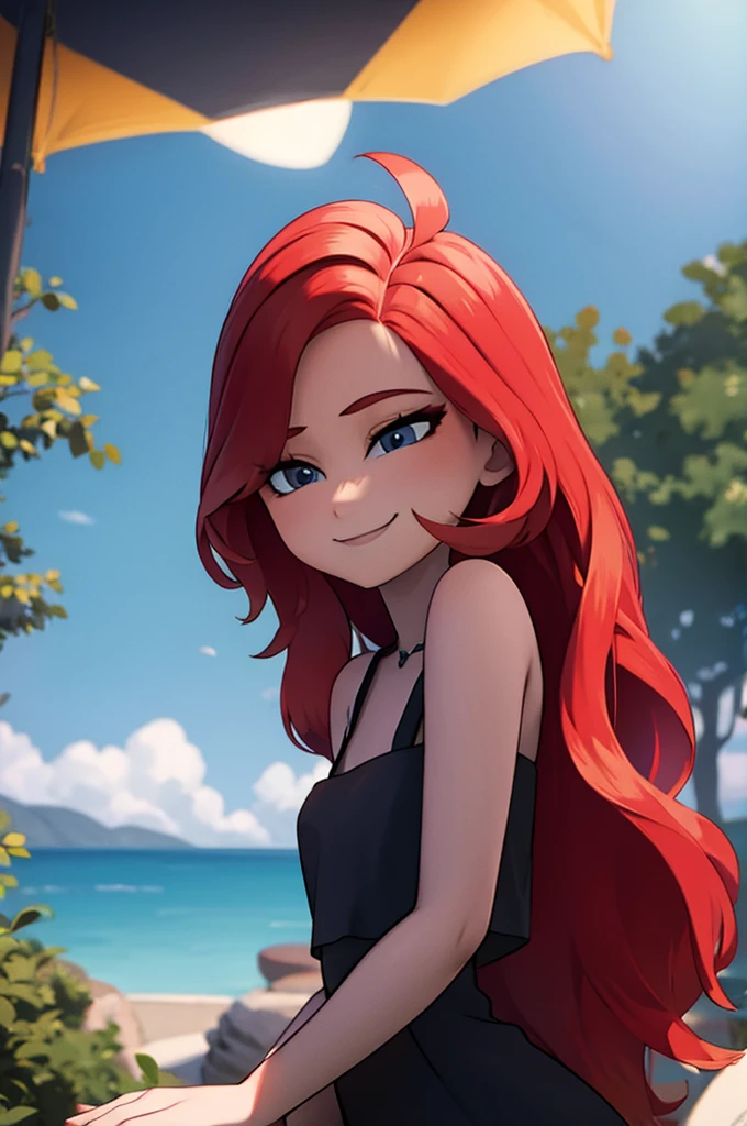 ruby, 1 girl, Teenage, Long Red hair, Medium Hair, Blue eyes, bare shoulders, little black dress, short black dress, skin-tight dress, cleavage, standing up, Smile, outside, swimming pool, sunset at the city, Sexy, masterpiece, High quality. 2D illustration, 2D flat, Masterpiece, close up, 8K, HDR, portrait,