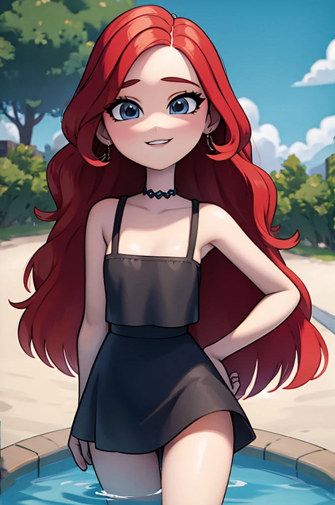 ruby, 1 girl, Teenage, Long Red hair, Medium Hair, Blue eyes, bare shoulders, little black dress, short black dress, skin-tight dress, cleavage, standing up, Smile, outside, swimming pool, sunset at the city, Sexy, masterpiece, High quality. 2D illustration, 2D flat, Masterpiece, close up, 8K, HDR, portrait,