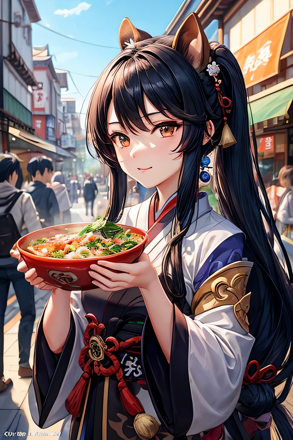 anime girl eating a bowl of food on a busy street, keqing from genshin impact, kawacy, zhongli from genshin impact, inspired by Pu Hua, digital anime illustration, anime visual of a cute girl, detailed digital anime art, bian lian, inspired by Lan Ying, artwork in the style of guweiz, by Yang J, official art, plus brown Squirrel tail
