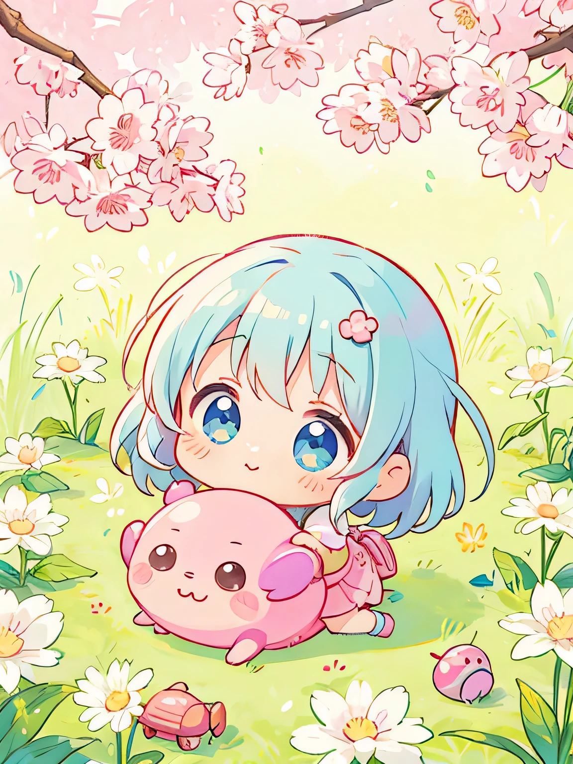 Momoko Sakura style, pastel colour,Kawaii Design, Chibi, beautiful spring afternoon、lovely colorful pillbug