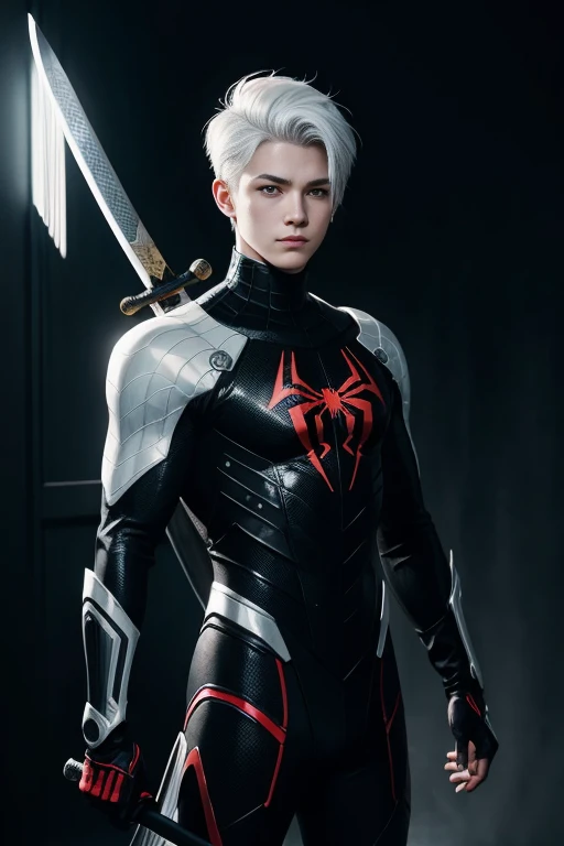 Portrait of a teenage boy with white hair, Gojo Satorou hairstyle, wearing black spiderman armor with red spider web lines, carrying a katana sword on his back, blue eyes, monograms in the background, digital painting, dark colors, 8k, complex details, vintage, retrofuturistic style, sharp focus on the center, pastel colors, art station, (sci-fi, future, future theme), (facial expression looking with disdain), (detailed illustration)