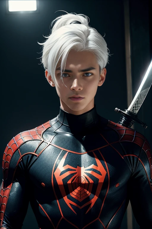 Portrait of a teenage boy with white hair, Gojo Satorou hairstyle, wearing black spiderman armor with red spider web lines, carrying a katana sword on his back, blue eyes, monograms in the background, digital painting, dark colors, 8k, complex details, vintage, retrofuturistic style, sharp focus on the center, pastel colors, art station, (sci-fi, future, future theme), (facial expression looking with disdain), (detailed illustration)