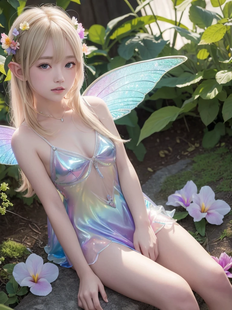 (A shining blonde fairy sitting on a flower (Elf)), Surrounded by colorful flowers, ((A girl with a pair of beautiful, transparent, shiny wings on her back.))、翼からShine鱗が飛ぶ, (A rainbow-colored dress that shines through the light), Wavelength dispersion, colored glaze, Multicolor prism effect, Rainbow Core, iris, Highly detailed background，Realistic，Ultra-detailed，Highly detailed skin，Shine，Film Grain，According to II，Lens flare，sharp，Shadows in the movie