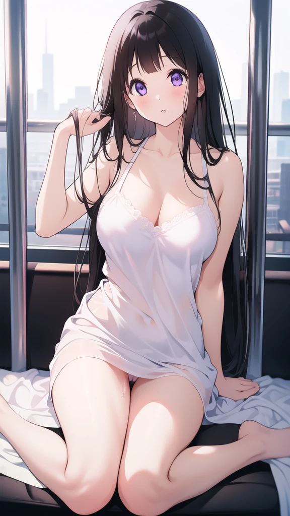 Stunning Chitanda, 只有一个beautiful girl,Purple Eyes, Black Hair, Naturally straight hair, Straight bangs,Extremely refined,open your lips,Face is so red,The skin is very white,big eyes,Long flowing hair,beautiful girl, Like a dream,Slim,Soft, (Sensual), (Kawaii), Dream quality,naked,Large Breasts,On the tram,White Dress,Soaked,Leaked pussy juice,Run down the clear liquid,Fluid on the thighs,No pants,Clavicle exposed,naked露的脖子,naked露大腿,Exposing the groin,Camel toe,naked露的双腿,barefoot,extremely shy,Ultra-high resolution, (masterpiece:1.2, best quality), (Delicate and beautiful eyes: 1.2), (Beautiful and delicate face)