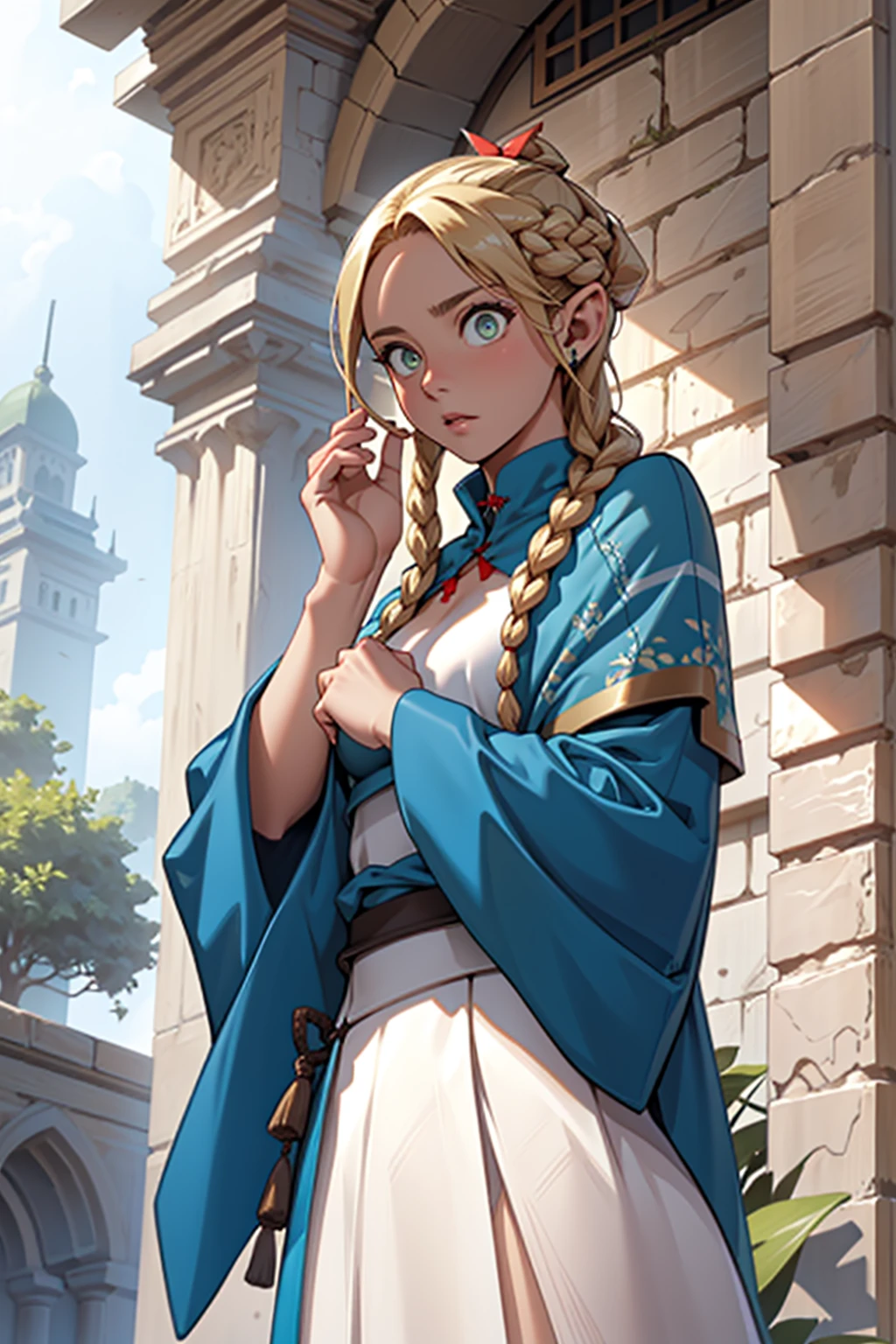 (high definition symmetrical image), ((goddess of masturbation, (round face), drooping eyes, smiling, cute dress, blond, braid, (((art nouveau))), (ecstasy face), (touching and hiding crotch), spread legs, raise leg, pubic hair