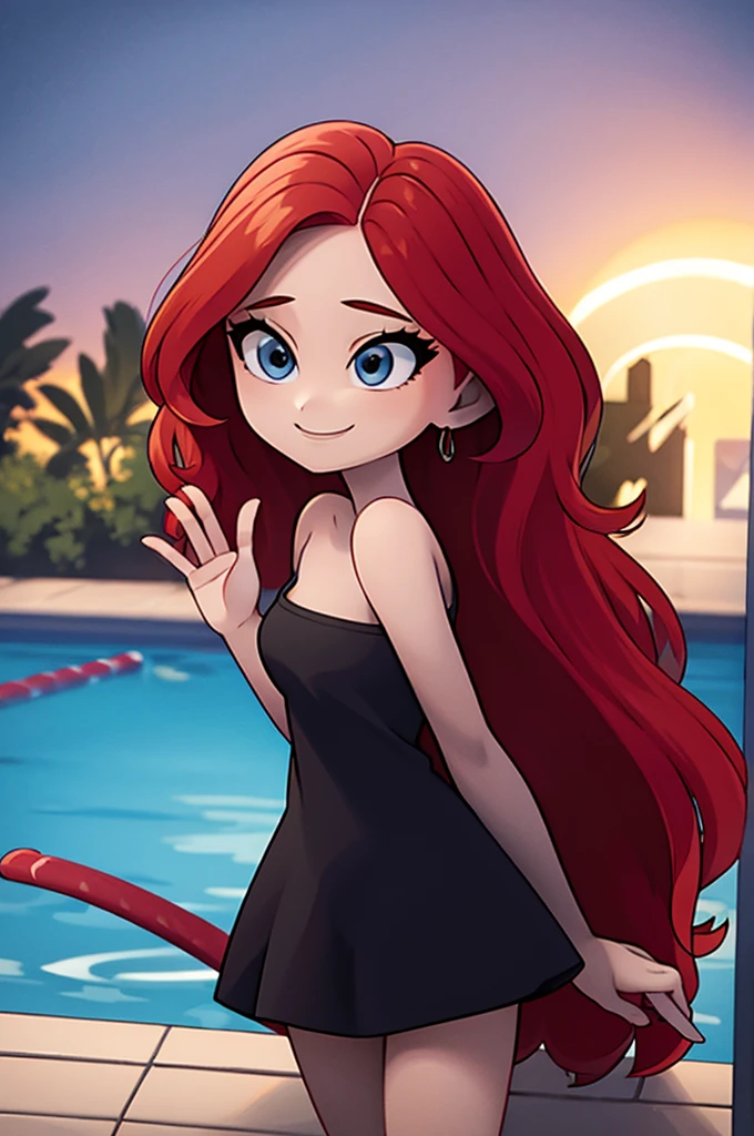 ruby, 1 girl, Teenage, Long Red hair, Medium Hair, Blue eyes, bare shoulders, little black dress, short black dress, skin-tight dress, cleavage, standing up, Smile, outside, swimming pool, sunset at the city, Sexy, masterpiece, High quality. 2D illustration, 2D flat, Masterpiece, close up, 8K, HDR, portrait,