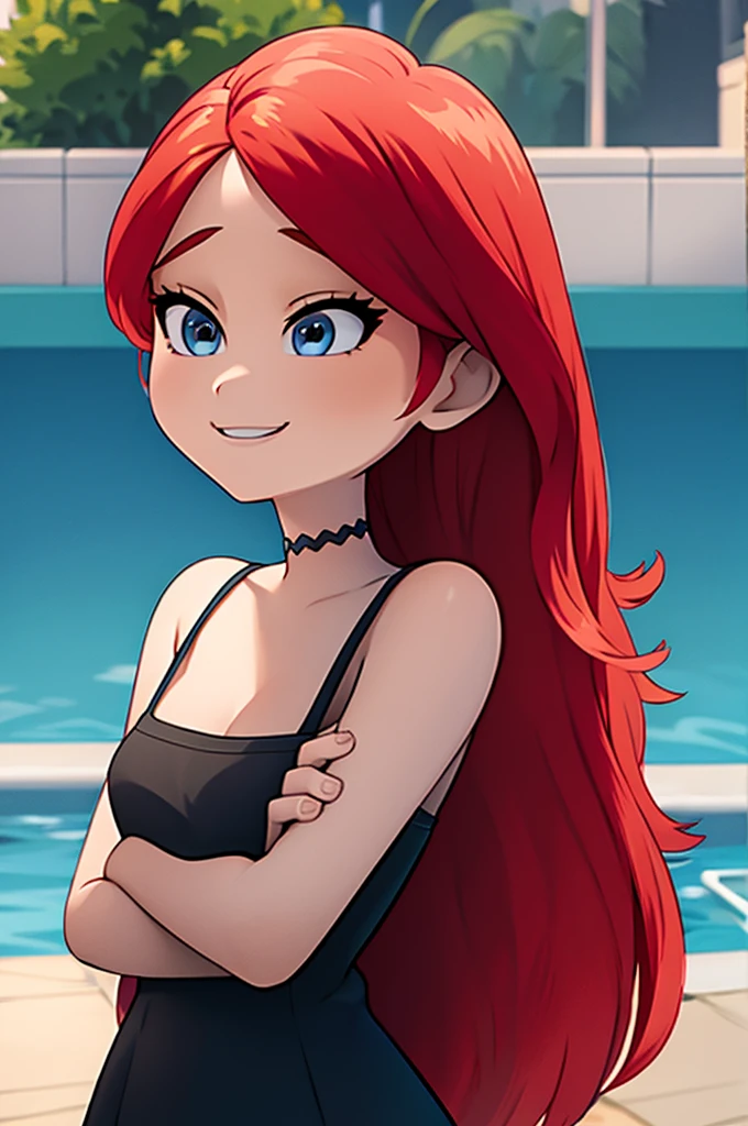 ruby, 1 girl, Teenage, Long Red hair, Medium Hair, Blue eyes, bare shoulders, little black dress, short black dress, skin-tight dress, cleavage, standing up, Smile, outside, swimming pool, sunset at the city, Sexy, masterpiece, High quality. 2D illustration, 2D flat, Masterpiece, close up, 8K, HDR, portrait,