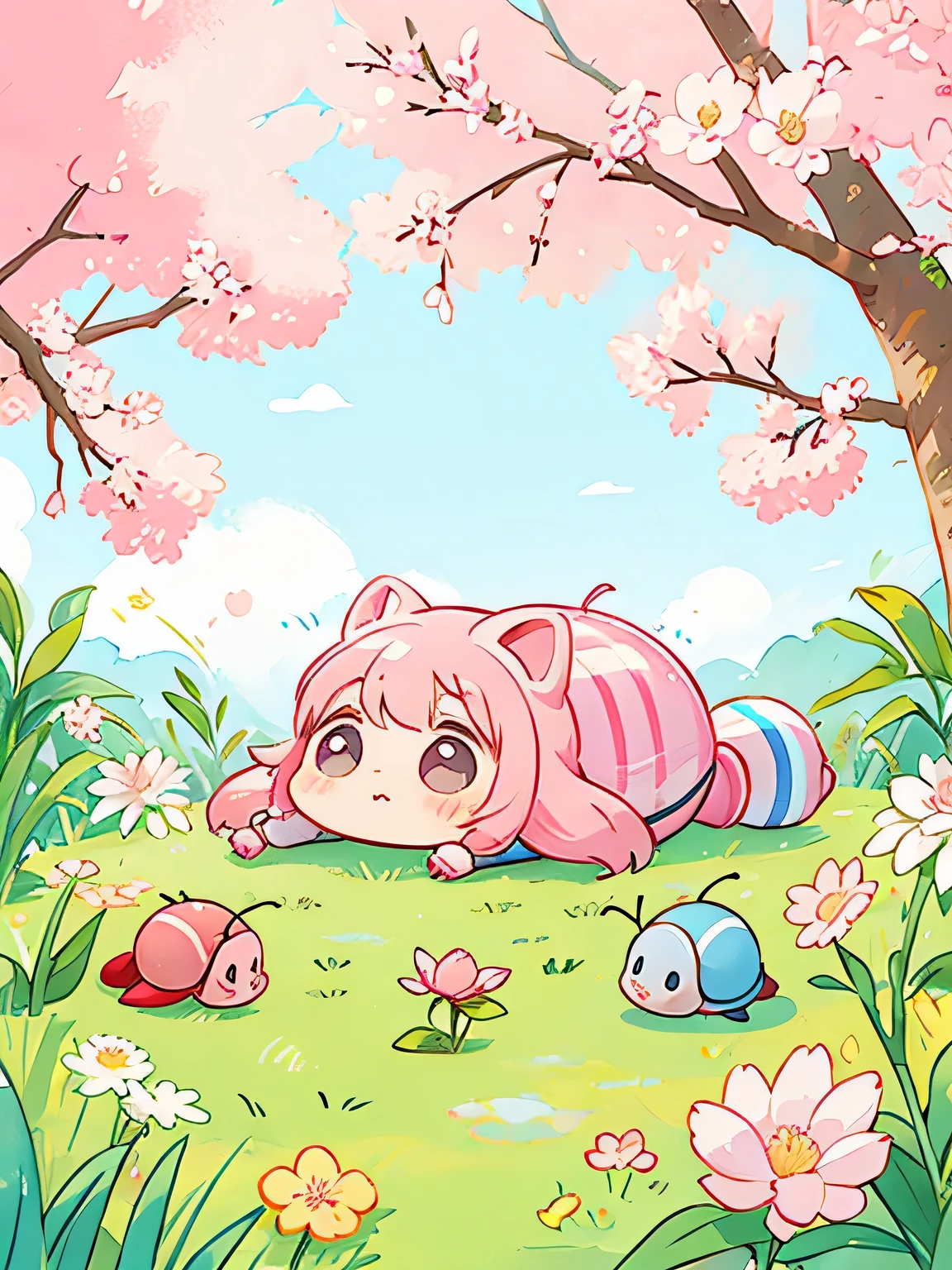 Momoko Sakura style, Kawaii Design, Chibi, beautiful spring afternoon、lovely colorful pillbug