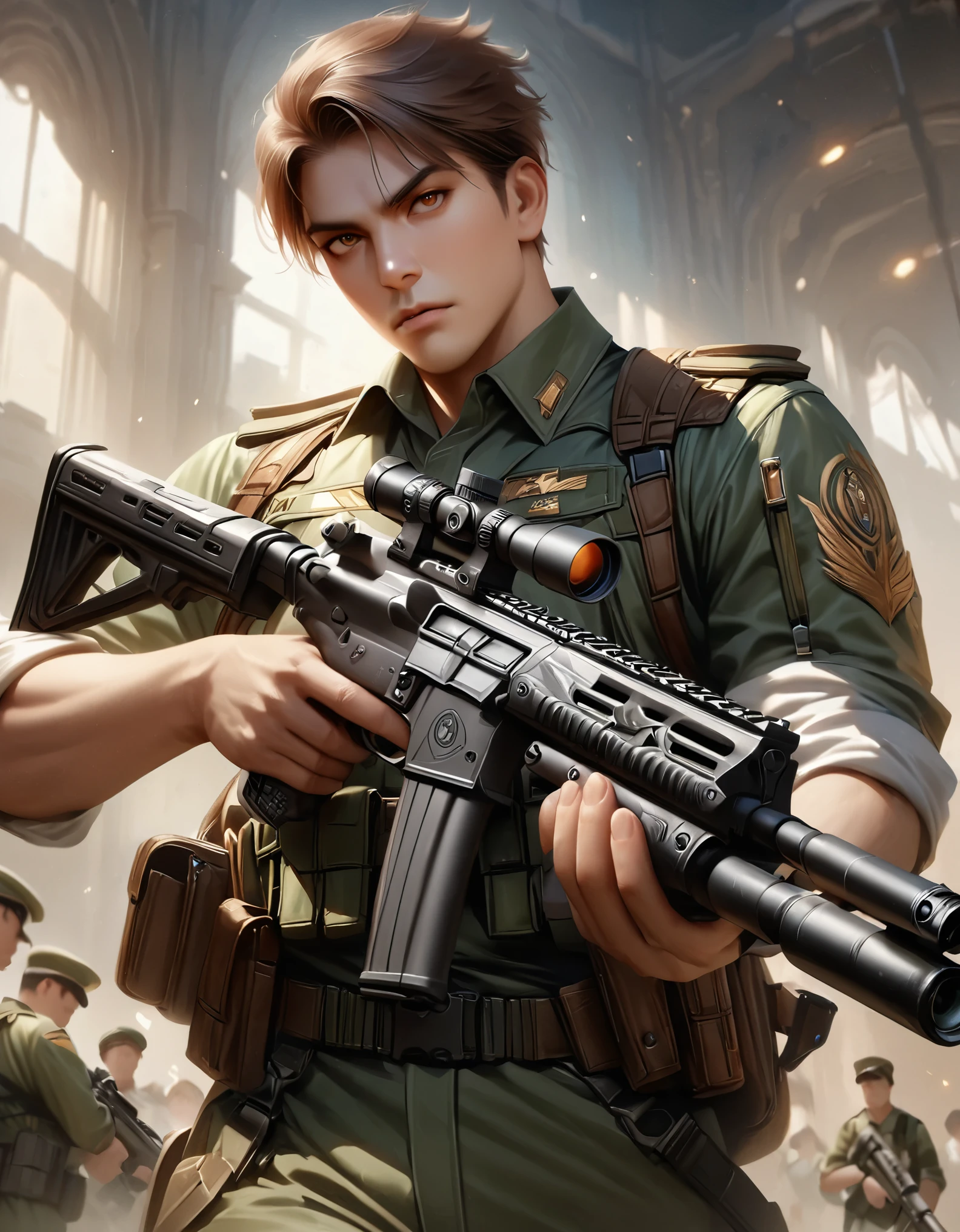 masterpiece, best quality, hyper-detailed, ultra-detailed, 1boy, college-age man, assault rifle, brown eyes, brown hair, gun, holding gun, holding weapon, holster, holstered weapon, male focus, military, military uniform, pistol holster, pistol in holster, realistic, rifle, scope, sleeves rolled up, solo, solo focus, trigger discipline, light green uniform, weapon