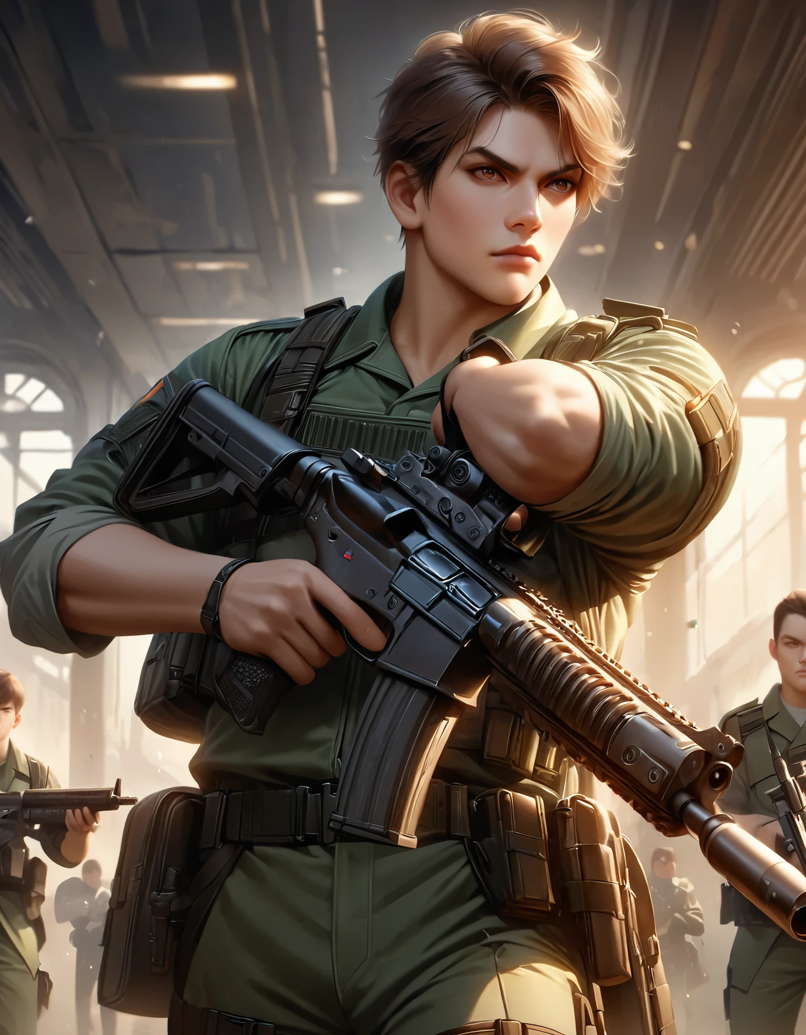 masterpiece, best quality, hyper-detailed, ultra-detailed, 1boy, college-age man, assault rifle, brown eyes, brown hair, gun, holding gun, holding weapon, holster, holstered weapon, male focus, military, military uniform, pistol holster, pistol in holster, realistic, rifle, scope, sleeves rolled up, solo, solo focus, trigger discipline, light green uniform, weapon