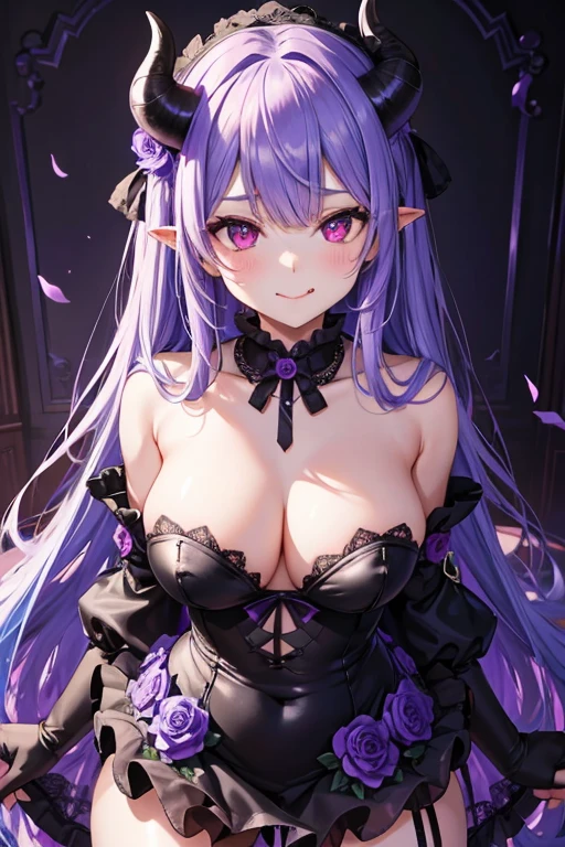 perfect anatomy, purple theme, beautiful demon girl, 2 horns on head, black crown with floral design, dressed in black lace leotard and (tutu: 1.2), soft purple light, purple room with smooth surfaces, standing before viewer , (masterpiece: 1.2), (best quality: 1.2), big tits, topless, evil smile, staring, light blue hair, long hair, red eyes, sticking out tongue, salivating, erotic.
