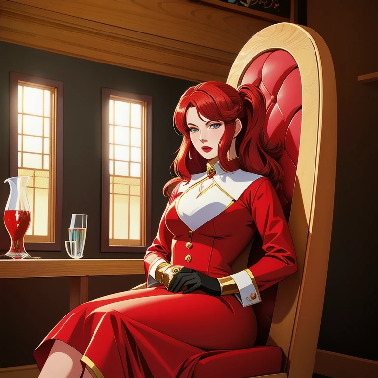 A woman in a red coat sits on a chair with a dragon, popular no ArtStation Pixiv, arte detalhada de animework, arte digital detalhada de anime, complexo lindo estilo CGI de anime, guvez no pixiv art station, guvez no pixiv, Ilustra??o de fantasia de anime, arte detalhada de anime, clean arte detalhada de anime, arte chave detalhada do anime, micro-open red lip, nu