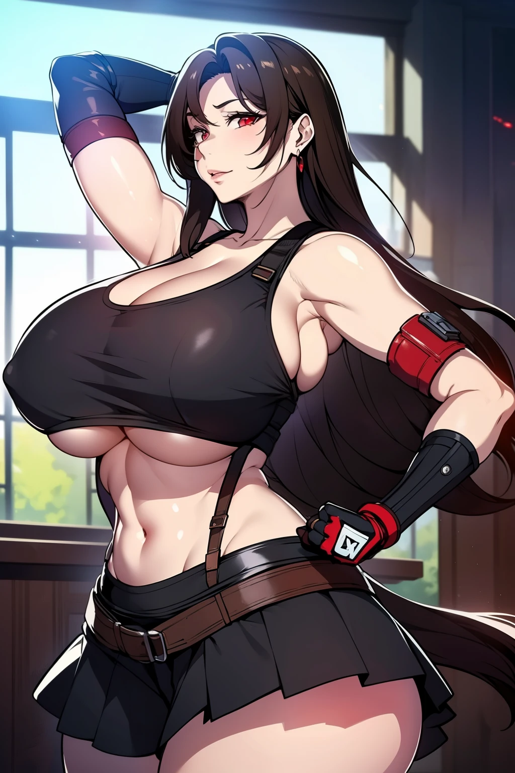 An anime-style artwork depicting tifa from the game final fantasy 7

Tags: tifa, anime, detailed eyes, detailed lips, ass, 1girl, red eyes, gauntlet, elbow pad, skirt, crop top, (black hair:1.1), solo, huge breasts, smiling expression, intense gaze, dynamic pose, indoor, palace, vibrant colors, digital art, high-resolution, professional quality, gigantic breasts, (underboob : 1.4), curvy, cowboy shot, (gigantic breasts: 1.4),