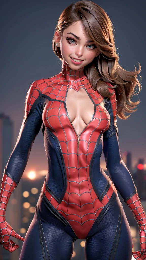 ((Riley Reid )), (((exposed breasts, show nipples))), unzipped:1.2, bright eyes, ((costume is unzipped from her chest to her bellybutton)), smile, Beautiful woman detailed defined body, ((spider man cosplay)), small breasts, ((breasts popping out)), thigh gap, (freckles) unzipped, auburn hair, narrow waist, wide hips ((bare chest)), (show nipples) (((location is detailed city rooftop))), time of day is night, the costume is unzipped, ((her bare breasts are exposed)), visible nipples, (freckles across her nose)