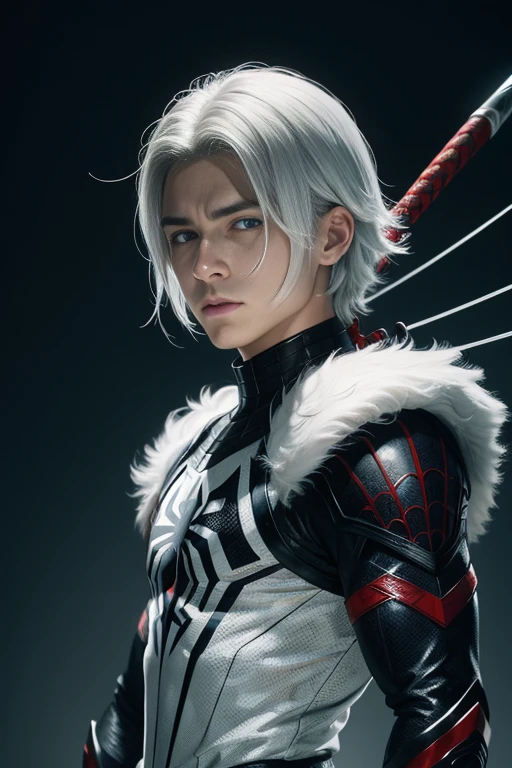 Portrait of a teenage boy with white hair, Gojo Satorou hairstyle, wearing black spiderman armor with red spider web lines, carrying a katana sword on his back, blue eyes, monograms in the background, digital painting, dark colors, 8k, complex details, vintage, retrofuturistic style, sharp focus on the center, pastel colors, art station, (sci-fi, future, future theme), (facial expression looking with disdain), (detailed illustration)