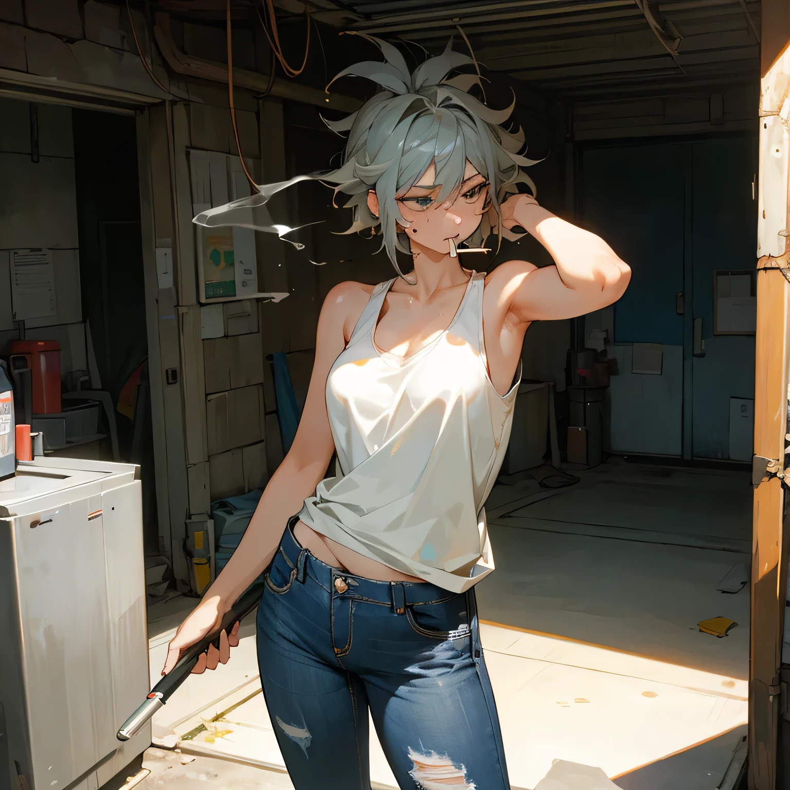 Have a cigarette in your mouth、garage、Holding a tool in one hand、scratching one&#39;s head、Looking Outside、Lethargic、Are standing、Sweaty、Bedhead、Tank top、Distressed jeans、wild、woman