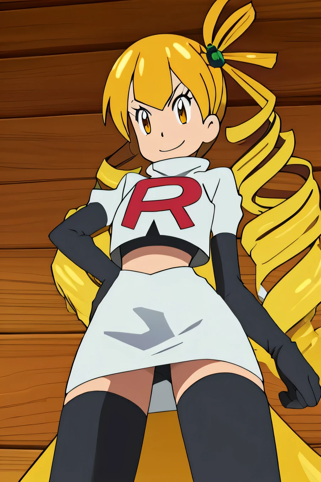 masterpiece,best quality,high res,high quality,8k, masterpiece,highres, team rocket uniform, red letter r, white skirt,white crop top,black thigh-high boots, black elbow gloves, evil smile, looking down at viewer, hands on hips, cowboy shot, zettai ryouiki,spread legs,from below, black panties,anime style, vivid colors, sharp focus, intense lighting,Mariabell Crois,yellow hair, drill hair, twin drills, (long hair:1.1), very long hair,, hair ornament, orange eyes