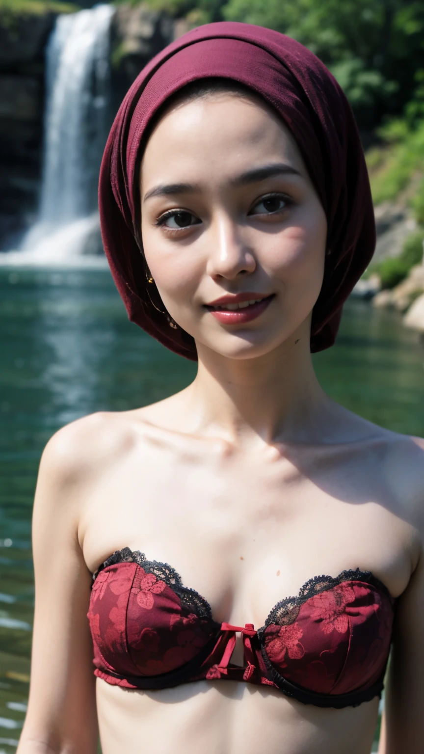 (Happy smile), (((HIJAB MALAY GIRL))), masutepiece, High quality, UHD 32K, Realistic face, Realistic skin feeling , A Japanese Lady, , , Very cute and baby-like face, (((FLAT CHEST))), (MATRIX WORLD), ((look In front at the camera and SADNESS)), ((())), (((CUTE GIRL))), ((MAROON LIPS)), ((Floral Pattern)) little wearing strapless bra, strapless colorful bra, naked at river waterfall