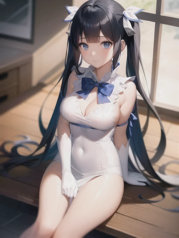 (masterpiece, highest quality, Very detailedCG, Beautiful fine details, Very detailed, Intricate details:1.2), 8k wallpaper, Elaborate features,
(One girl, alone:1.4), Are standing,
(Realistic texture:0.8), High resolution, (Vibrant colors, Dynamic Lighting:1.0), (High Contrast:0.8),
Hestia (danmachi), chest, Long Hair, blue ribbon, Twin tails, gloves, ribbon, dress, rei no himo, large chest, blue eyes, Black Hair, white gloves, chestの谷間, white dress, hair ribbon, bow, No sleeve, No sleeve dress, bangs, chestの谷間 cutout, hair ornaments, bowtie, Clothing cutouts, very Long Hair, Covered navel, arm ribbon,
(whole body:1.1), smile, cute,
Spread your legs, panties,
Folded, (indoor:1.4), on the sofa,
(Browsing Caution:1.15),