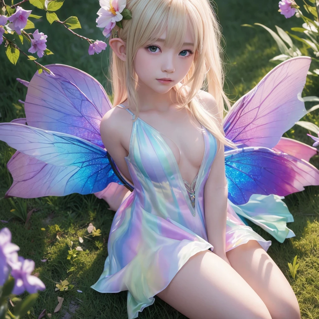 (A shining blonde fairy sitting on a flower (Elf)), Surrounded by colorful flowers, ((A girl with a pair of beautiful, transparent, shiny wings on her back.))、翼からShine鱗が飛ぶ, (A rainbow-colored dress that shines through the light), Wavelength dispersion, colored glaze, Multicolor prism effect, Rainbow Core, iris, Highly detailed background，Realistic，Ultra-detailed，Highly detailed skin，Shine，Film Grain，According to II，Lens flare，sharp，Shadows in the movie