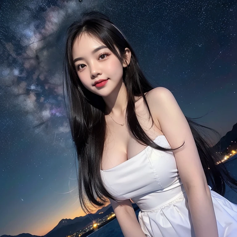 
highest quality, High resolution, (Realistic:1.2), 1 beautiful Japanese girl, Happy smile, High definition eyes, (Large eyes with thick, well-defined double eyelids:1.4), Droopy eyes, Dimples, Black Hair, Long hair blowing in the wind, Smooth straight hair, Slender body, Small breasts, Cleavage, Thighs, White sleeveless dress, Moonless night sky, (Starry Sky, midnight:1.4), Milky Way, Outdoor, plateau, mountains can be seen in the distance, planetarium, View angle from below, Cinematic lighting, 