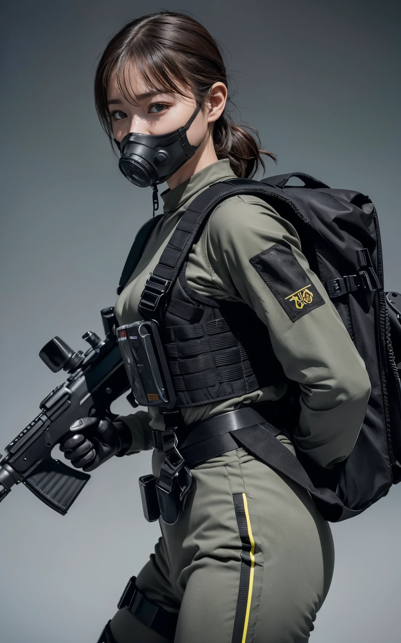 Highest image quality, outstanding details, ultra-high resolution, (realism: 1.4), ((close up:0.75, from front)), Photorealistic, highly condensed 1 lady, full body, aiming with a rifle, Combat pose, (Detailed face), looking at the camera, (wearing nylon rash-guard as police uniform, gloves, black and gray mecha, wearing futuristic-gasmask, military harness, holding a machinegun, carrying hich-tech-backpack), background grey, Fingers are occluded