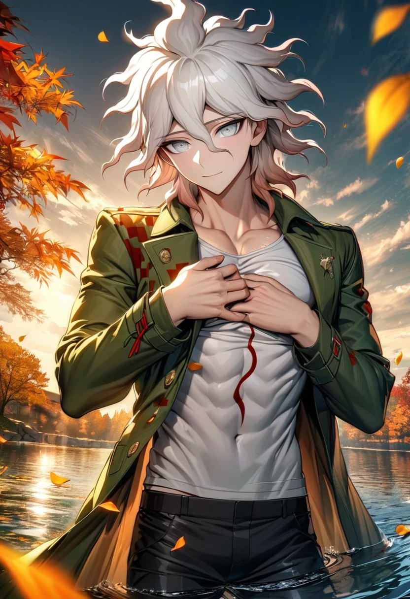 Ultra detailed, highres, absurdres, HDR, Komaeda Nagito, white hair, silver eyes, white tight shirt, green long coat, Danganronpa, water, autumn, petals, orange and yellow leaves, sexy man, solo, extremely handsome, very detailed face and eyes, black pants, toned chest, touching his chest,