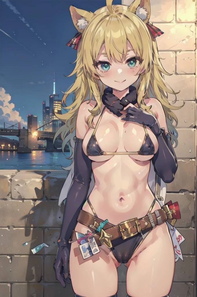 (best quality, masterpiece:1.2), ultra detailed, 1girl, mizuryu kei, evil smile, hoshii miki, blonde hair, ahoge, micro bikini, long gloves, elbow gloves, condom belt,