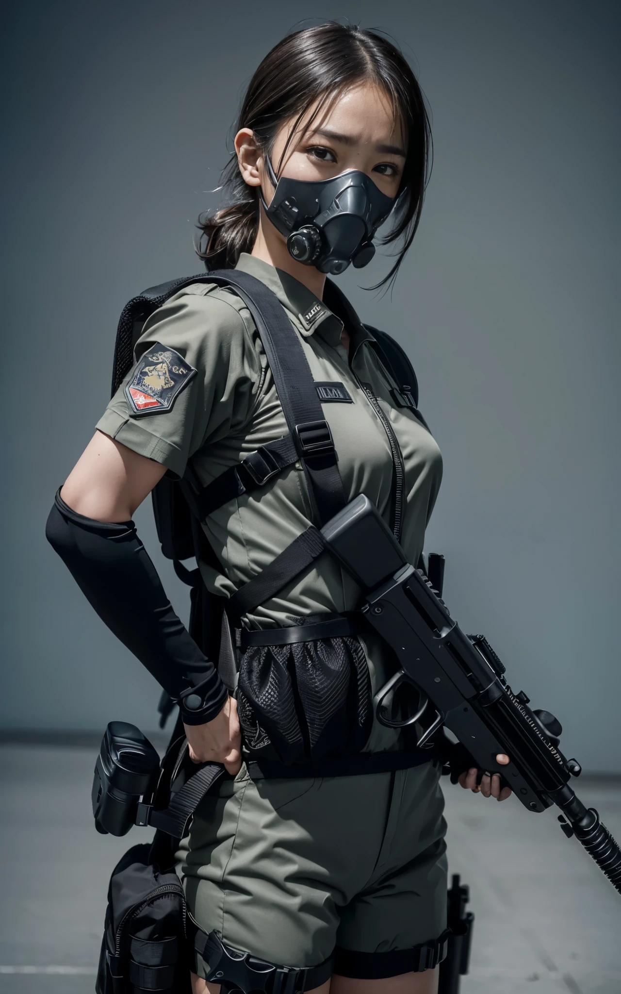 Highest image quality, outstanding details, ultra-high resolution, (realism: 1.4), ((close up:0.75, from front)), Photorealistic, highly condensed 1 lady, full body, aiming with a rifle, Combat pose, (Detailed face), looking at the camera, (wearing nylon rash-guard as police uniform, gloves, black and gray mecha, wearing futuristic-gasmask, military harness, holding a machinegun, carrying hich-tech-backpack), background grey, Fingers are occluded