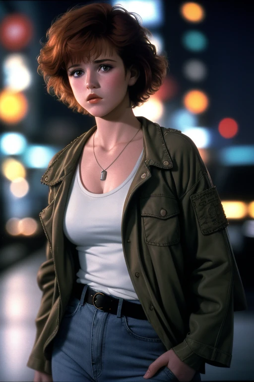 Eighteen-year-old Molly Ringwald, frowning, with messy/shaggy razored/layered haircut with sideswept bangs, wearing olive-drab jacket with sleeves pushed up, pocketwatch necklace, white tank top, and jeans, extremely realistic, extremely detailed, extreme realism, extreme detail, extremely accurate resemblance, complex, elaborate, highest quality, scene from 1986 film, directed by Michael Mann, cinematography by Dante Spinotti, muted color scheme, neo-noir, tech-noir, moody, 4k ultra-high definition remaster, shot on 35mm film