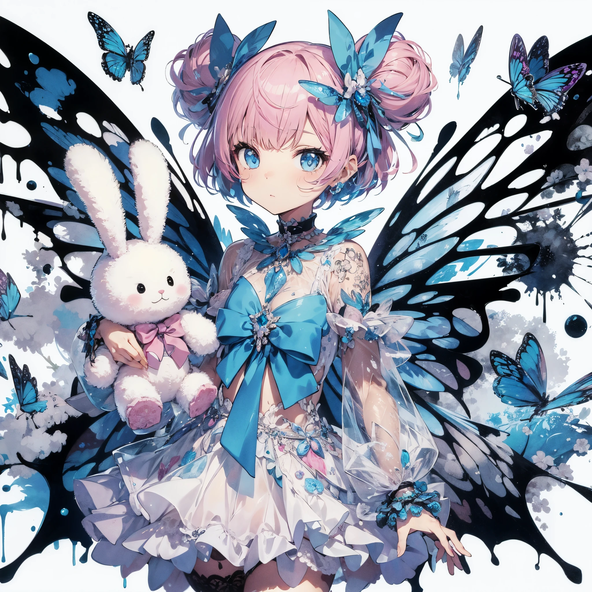 ink painting Anime-style illustration of a pastel-colored fairy girl with pink bobbed hair and blue eyes, exuding confidence in a crystal clear rabbit costume, holding a plush rabbit. Her punk and whimsical outfit is adorned with blue butterfly accessories. Her wings are ink-style, emphasizing sharp shading to reflect dynamic and artistic flair, in the style of traditional Japanese ink painting. The background features an ink splash in the style of Yayoi Kusama, symbolizing chaos and dissonance. This scene blends vibrant confidence with whimsical charm and incorporates elements of a pastel fairy theme with sharp, dramatic ink effects.