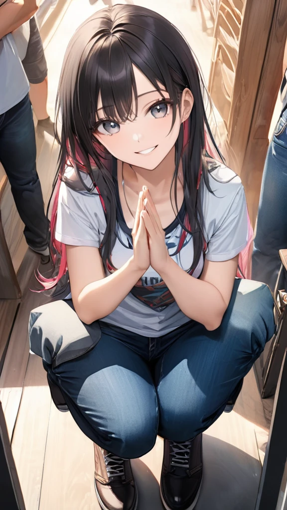 (full body:1.4), from above, (masterpiece:1.3)), (best quality:1.3),(ultra detailed:1.4),(extremely detailed),(absolutely resolution:1.3) ,absurdres,8k, 1girl, grin, ultra detailed eyes, long hair, multicolored hair, tanktops, jeans, squatting, waving hands,