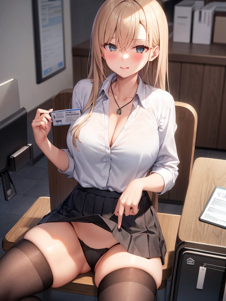 One Girl, solo, ((White shirt)), Black knee socks, Proudly, Cleavage,Black panties,Spread your legs wide, uniform, officeの背景, Black Skirt, Pleated skirt, office,E Cup, Hair between the eyes, Look at the viewers, solo, Thighs Thighs Thighs Thighs, Thighs Thighs Thighs Thighs, ((masterpiece)), Sit on, Chair, desk work, Computer on the desk, Name tag, ID Tag, in house, blush, Sexy pose