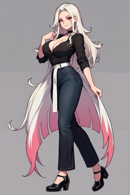 female, white long hair, red eyes, (((1girl))), (((black blouse))), (black choker), (white denim pants), (black belt), (black flats), huge breasts, huge butt, toned legs, gentle smile, full body, cleavage